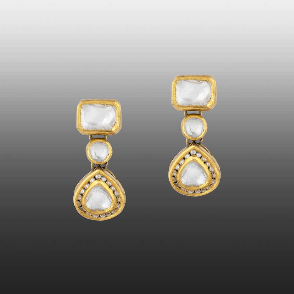 Geometric Polki Earrings with Square, Round & Teardrop Polki